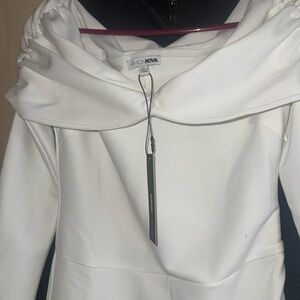 Fashion nova off the shoulder, white bandage jumpsuit size large never worn